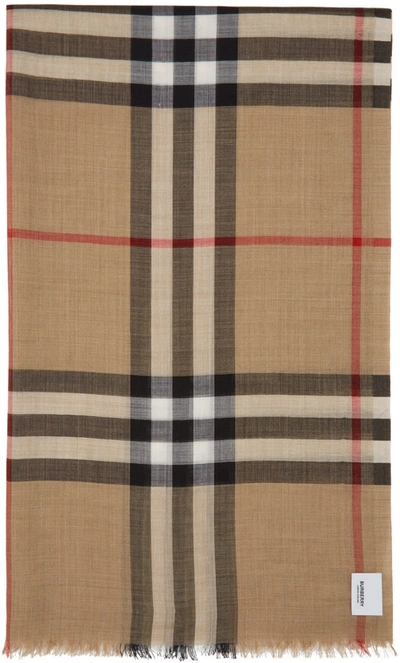 Shop Burberry Beige Wool Silk Check Scarf In Archive Beige