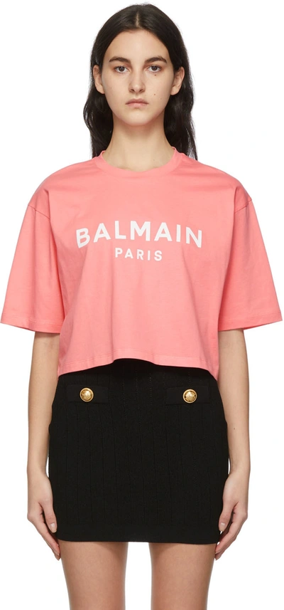 Shop Balmain Pink Cropped Logo T-shirt In Oco Rose Saumon/blan