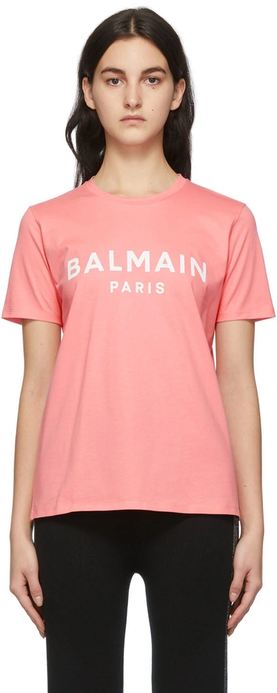Shop Balmain Pink Printed Logo T-shirt In Oco Rose Saumon/blan
