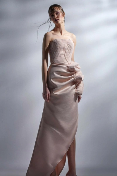 Shop Gaby Charbachy Copy Of Strapless High-lo Gown In Pink