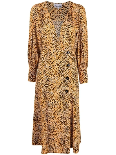 Shop Ganni Animal-print Asymmetric Midi Dress In Brown