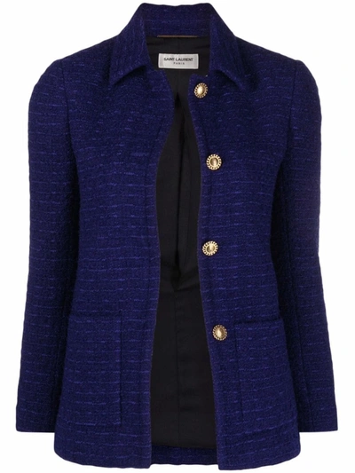 Shop Saint Laurent Royal Blue Fitted Tweed Blazer
