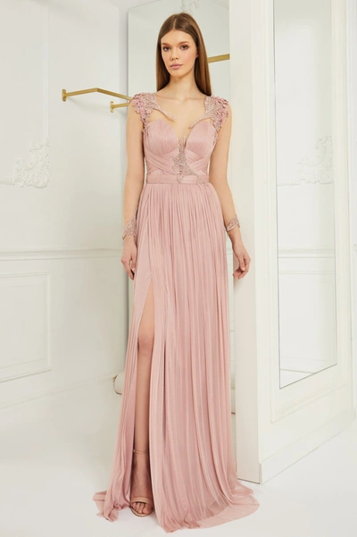 Shop Cristallini Long -sleeve Pleated Slit Gown In Pink