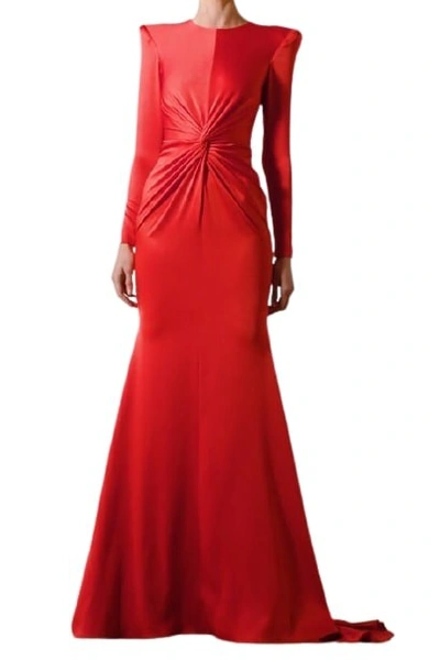 Shop Alex Perry Berkley Satin Crepe Shiny Crew Twist Fishtail Gown In Red