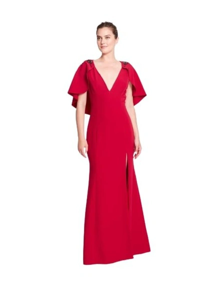 Shop Marchesa Notte Short Sleeve V-neck Stretch Crepe Gown In Red