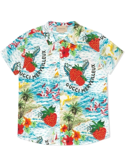 Shop Gucci Strawberry Print Shirt In Blue