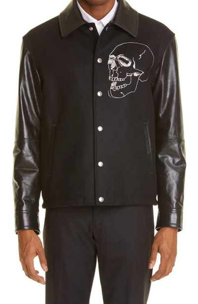 Shop Alexander Mcqueen Skull Embroidered Letterman Jacket In 1001 Black Ivory