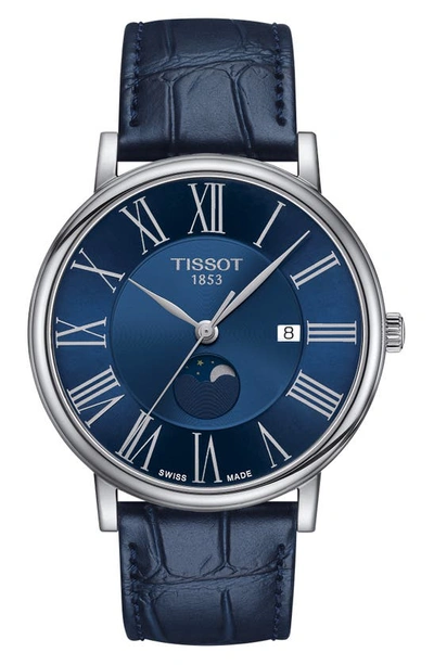Shop Tissot T-classic Carson Premium Moonphase Leather Strap Watch, 40mm In Blue