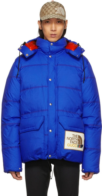 Gucci X The North Face Hooded Quilted Down Coat In Blue | ModeSens