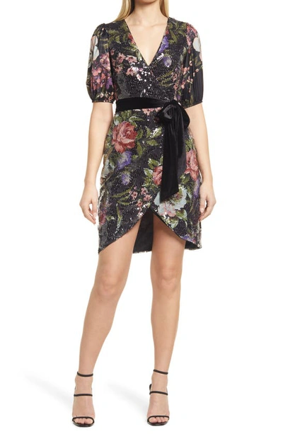 Shop Btfl-life Floral Print Short Sleeve Sequin Dress In Black Multi
