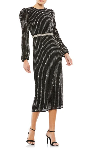 Shop Mac Duggal Stripe Long Sleeve Midi Dress In Black