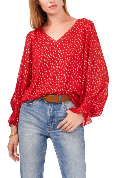 Shop Vince Camuto Smocked Cuff Foil Dot Blouse In Red