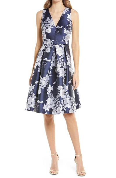 Eliza J Floral Satin Fit & Flare Dress In Navy