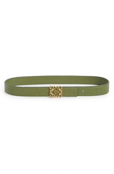 Shop Loewe Anagram Embossed Reversible Leather Belt In Avocado Green/ Gold