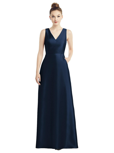 Shop Alfred Sung Sleeveless V-neck Satin Dress With Pockets In Blue