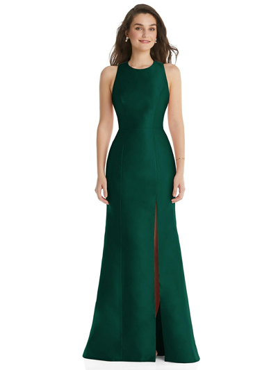 Shop Alfred Sung Dessy Collection Jewel Neck Bowed Open-back Trumpet Dress With Front Slit In Green