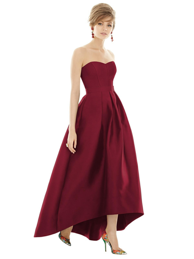 Shop Alfred Sung Strapless Satin High Low Dress With Pockets In Red