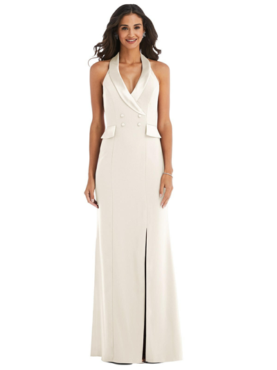 Shop After Six Halter Tuxedo Maxi Dress With Front Slit In White