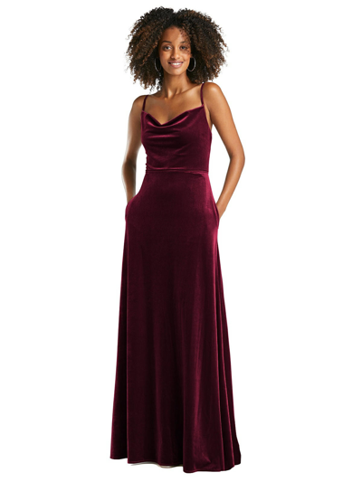 Shop After Six Dessy Collection Cowl-neck Velvet Maxi Dress With Pockets In Red