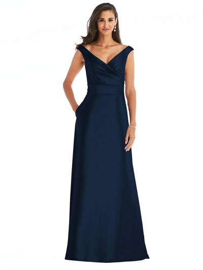 Shop Alfred Sung Off The Shoulder Draped Wrap Satin Maxi Dress In Blue