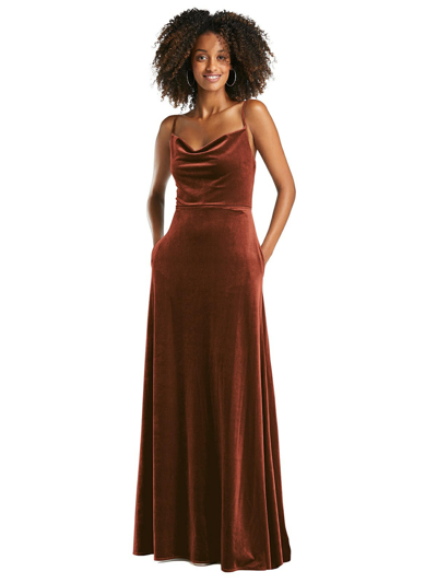 Shop After Six Dessy Collection Cowl-neck Velvet Maxi Dress With Pockets In Orange