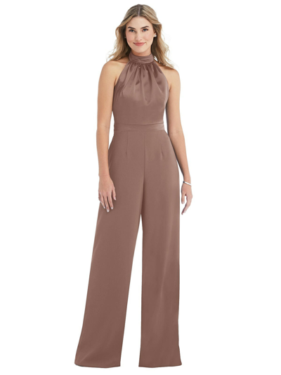 Shop After Six Dessy Collection High-neck Open-back Jumpsuit With Scarf Tie In Brown