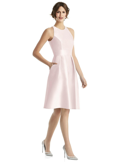 Shop Alfred Sung High-neck Satin Cocktail Dress With Pockets In Pink