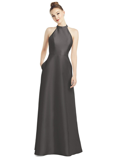 Shop Alfred Sung High-neck Cutout Satin Dress With Pockets In Grey