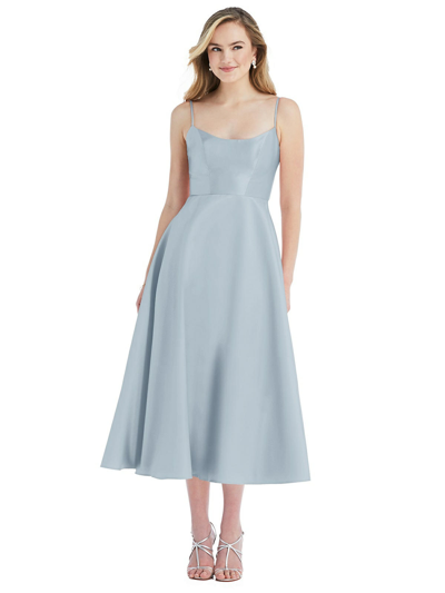Shop Alfred Sung Spaghetti Strap Full Skirt Satin Midi Dress In Blue