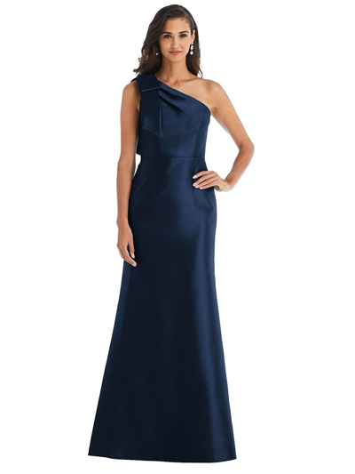 Shop Alfred Sung Bow One-shoulder Satin Trumpet Gown In Blue
