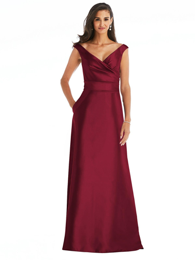 Shop Alfred Sung Off The Shoulder Draped Wrap Satin Maxi Dress In Red