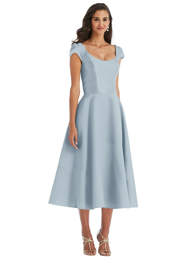 Shop Alfred Sung Puff Cap Sleeve Full Skirt Satin Midi Dress In Blue