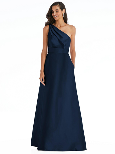 Shop Alfred Sung Draped One-shoulder Satin Maxi Dress With Pockets In Blue