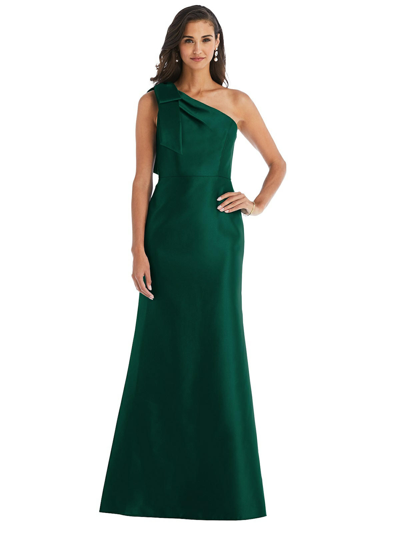Shop Alfred Sung Bow One-shoulder Satin Trumpet Gown In Green