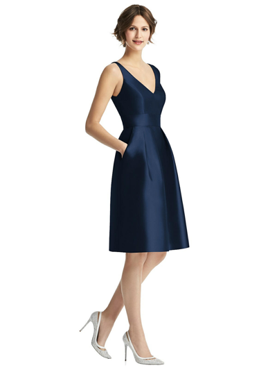 Shop Alfred Sung V-neck Pleated Skirt Cocktail Dress With Pockets In Blue