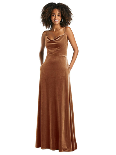 Shop After Six Dessy Collection Cowl-neck Velvet Maxi Dress With Pockets In Brown