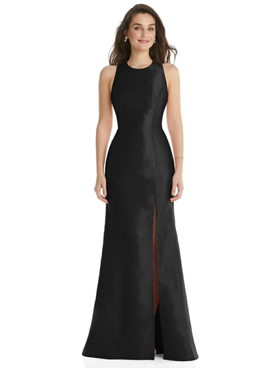Shop Alfred Sung Dessy Collection Jewel Neck Bowed Open-back Trumpet Dress With Front Slit In Black