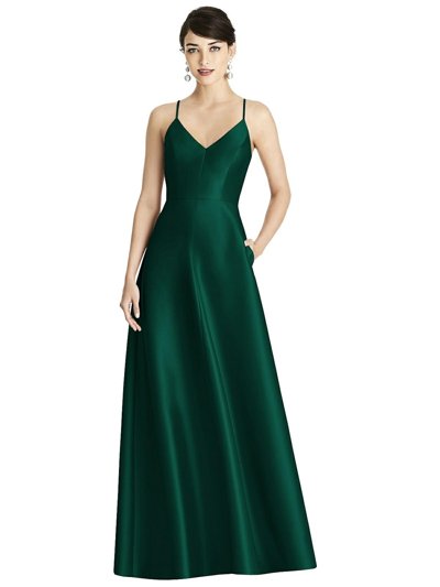 Shop Alfred Sung V-neck Full Skirt Satin Maxi Dress In Green