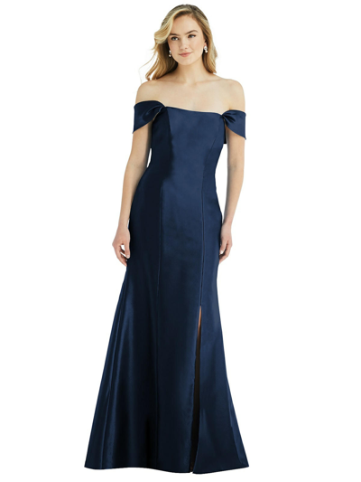 Shop Alfred Sung Off-the-shoulder Bow-back Satin Trumpet Gown In Blue