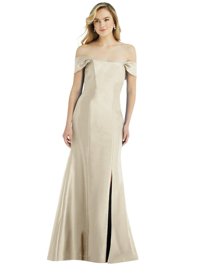 Shop Alfred Sung Off-the-shoulder Bow-back Satin Trumpet Gown In Brown