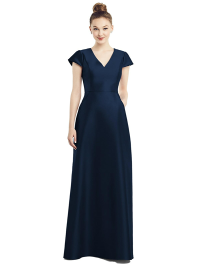 Shop Alfred Sung Dessy Collection Cap Sleeve V-neck Satin Gown With Pockets In Blue