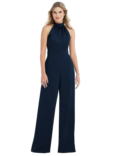 Shop After Six Dessy Collection High-neck Open-back Jumpsuit With Scarf Tie In Blue