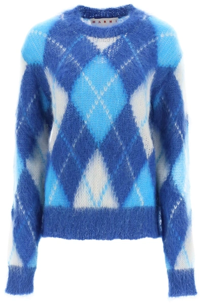 Shop Marni Argyle Mohair Sweater In Ocean (blue)