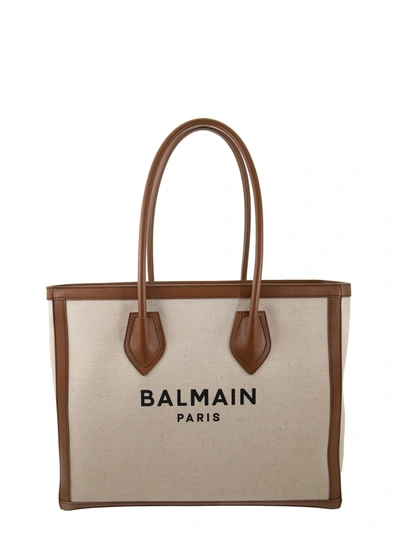 Shop Balmain Bag B-army Shopper With Logo In Ecru