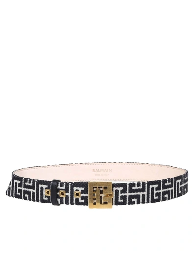 Shop Balmain Pb Belt In Jacquard With Monogram In Ivory/black