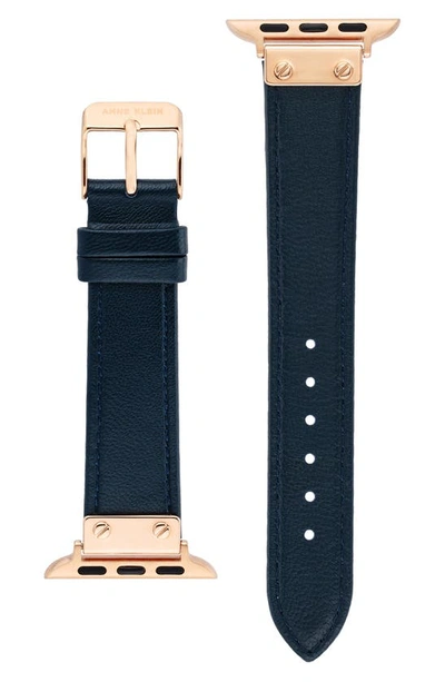 Shop Anne Klein Leather 12.7mm Apple Watch® Watchband In Rose Gold/ Navy Blue