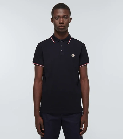 Shop Moncler Contrast Trimmed Cotton Polo Shirt In Navy Blue