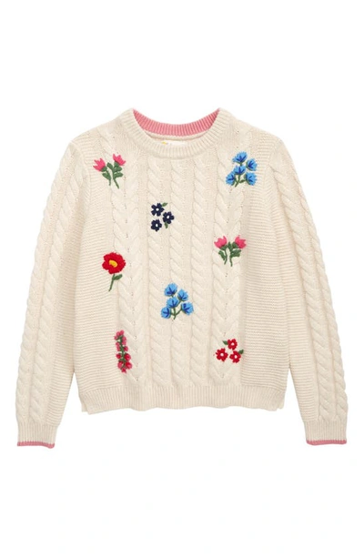 Shop Boden Kids' Cable Knit Embroidered Sweater In Ecru