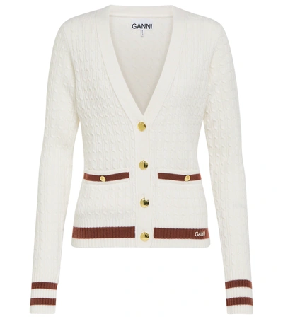 Shop Ganni Cable-knit Wool-blend Cardigan In Egret