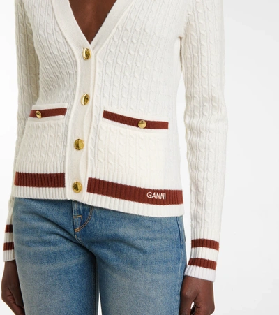 Shop Ganni Cable-knit Wool-blend Cardigan In Egret